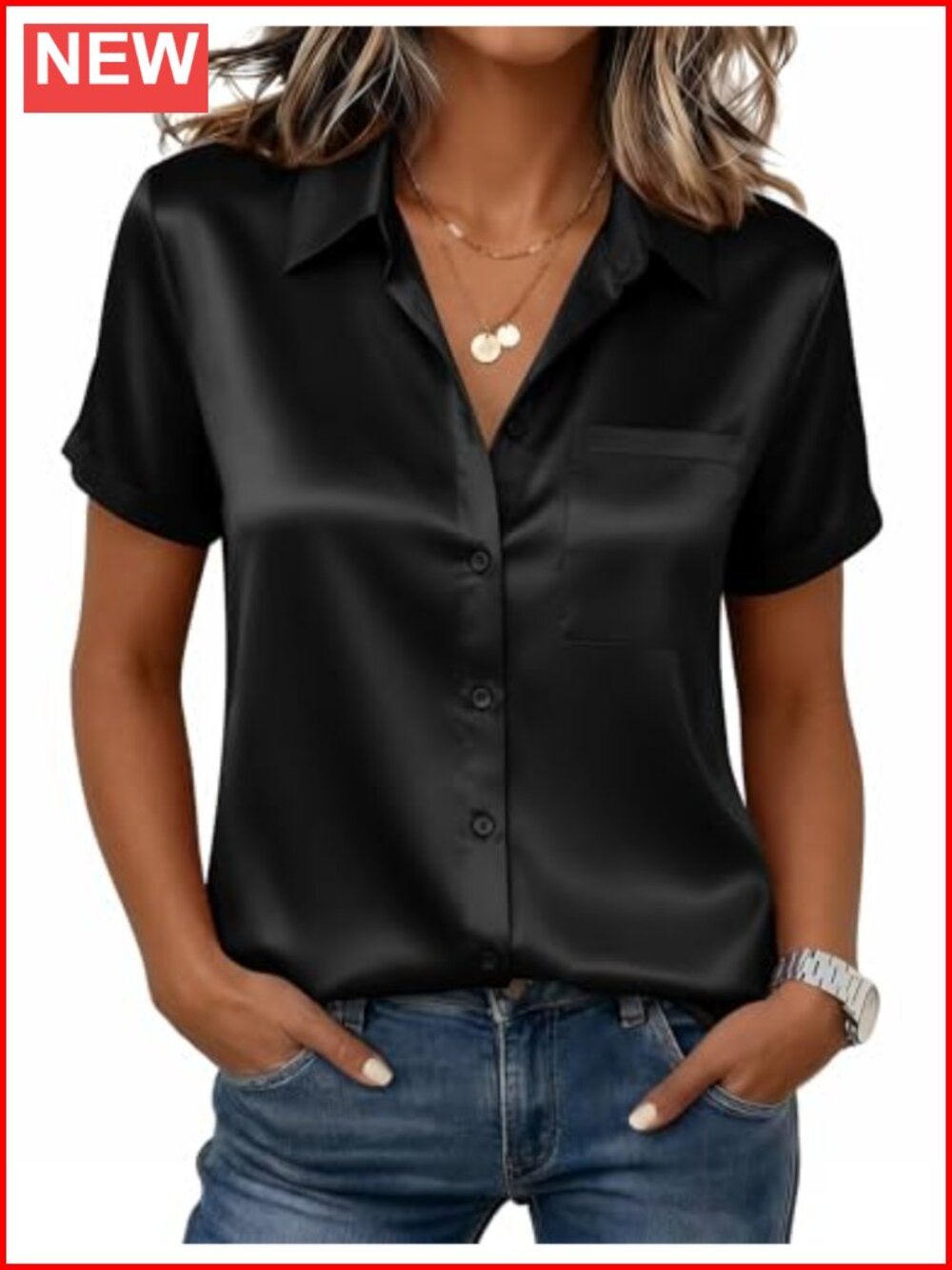 Zeagoo Satin Silk Button Down Short Sleeve Blouse Women V-Neck Solid
